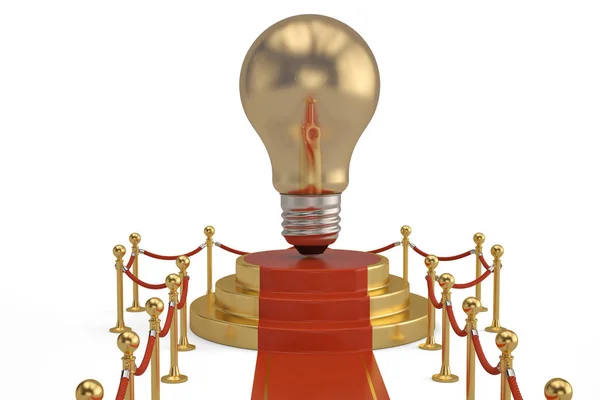 Big golden light bulb on podium with red carpet and barrier rope — Stock Photo, Image