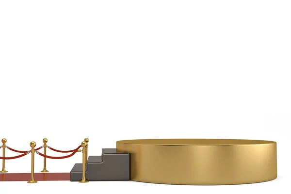 Gyllene runda podium med röda mattan och barriär rep på vit ba — Stockfoto
