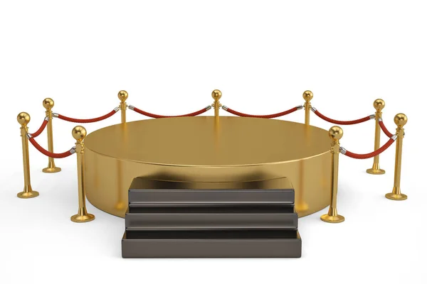 Ett gyllene runda podium med rep barriär isolerad på vita bakgr — Stockfoto