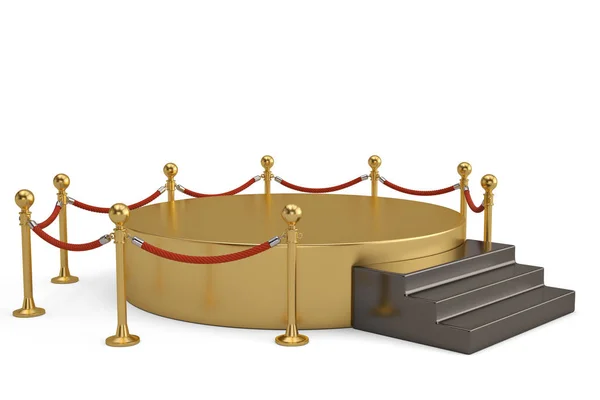 Un podio rotondo dorato con barriera di corda isolata su dorso biancogr — Foto Stock