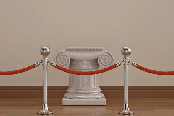 Eine Ausstellungssäule mit Seilbarriere auf Holzboden. 3D-Illustration — Stockfoto