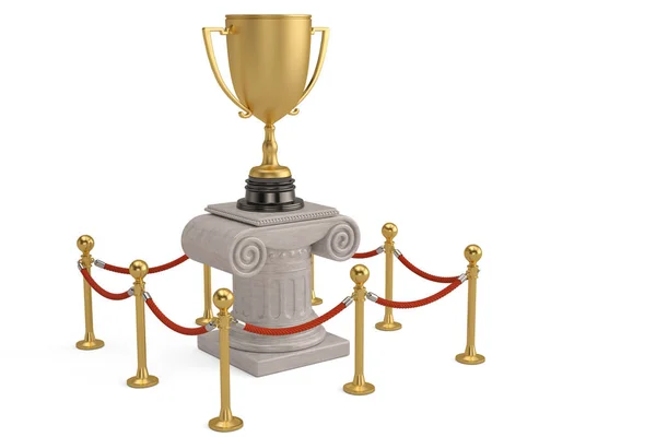 Gold trophy on exhibit pillar with rope barrier isolated on whit — Stock Photo, Image