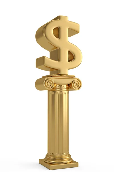 Золотая классическая греческая колонна со знаком доллара на белом заднем плане — стоковое фото