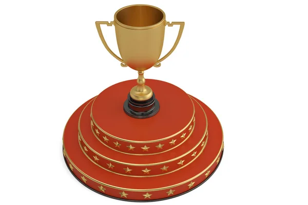 Великий золотий трофей на червоному подіумі. 3D ілюстрація . — стокове фото