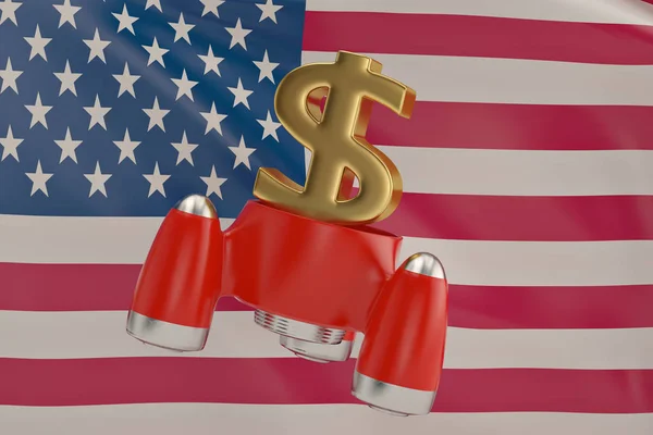 Знак Золотой доллар и ракета на фоне флага США. 3D иллюзионист — стоковое фото