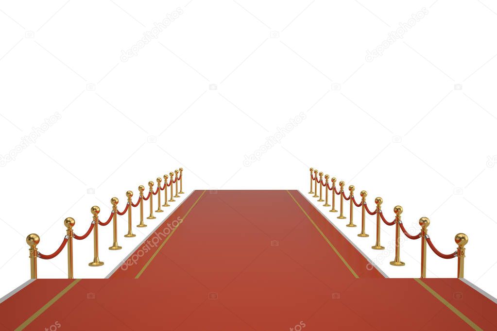 Red carpet and barrier rope on white background. 3D illustration