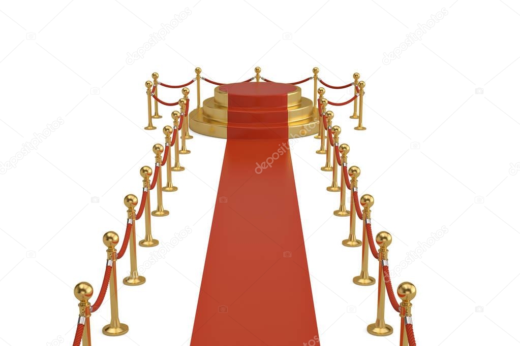 Golden round podium with red carpet and barrier rope on white ba