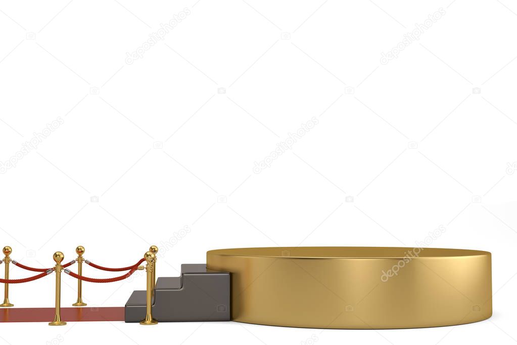Golden round podium with red carpet and barrier rope on white ba