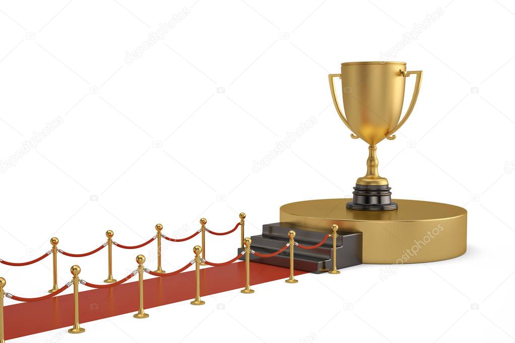 Big golden trophy on podium with red carpet and barrier rope on 