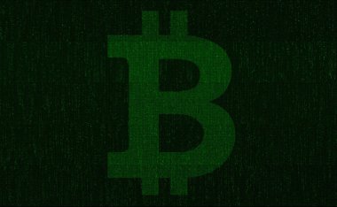 Bitcoin sembol yeşil dijital arka plan. 3D çizim.