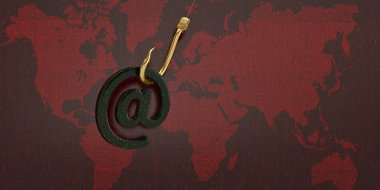 E-posta simgesi kırmızı dijital dünya haritası üzerinde kanca ile. 3D çizim