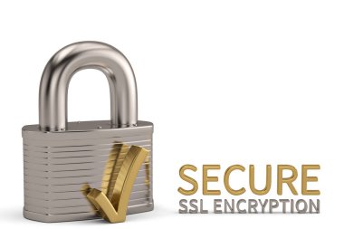 Çelik kilit ssl güvenli tasarım beyaz arka plan üzerinde izole. 3D Il