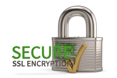 Çelik kilit ssl güvenli tasarım beyaz arka plan üzerinde izole. 3D Il