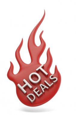 Word sıcak fırsatlar beyaz arka plan üzerinde izole ateşle. 3D illust