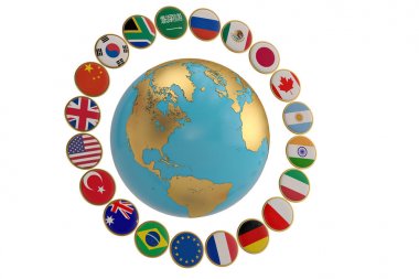 G20 ülkeleri bayrakları küre ile izole üzerinde beyaz background.3d ben