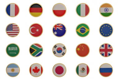 G20 ülkeleri bayrakları üzerinde beyaz background.3d illüstrasyon izole
