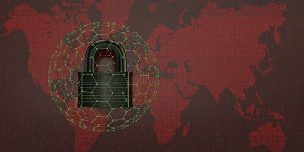 Digital lock on red digital world map. 3D illustration.