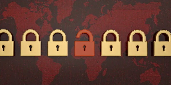 Lock on red world digital map background. 3D illustration.