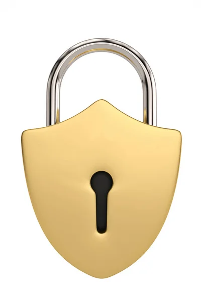 Kunci berbentuk tameng diisolasi pada latar belakang putih. Ilustrasi 3D — Stok Foto