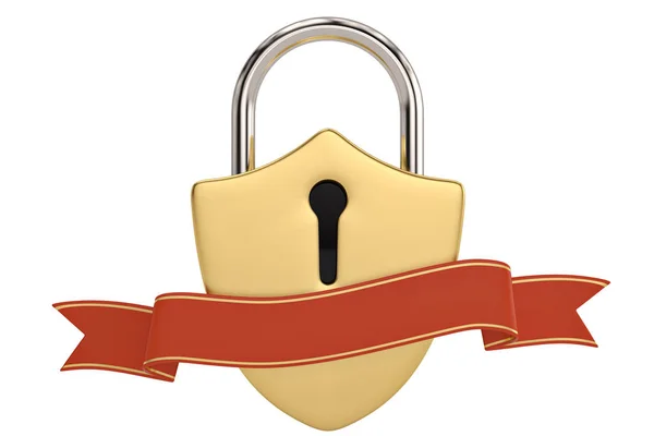 Kunci berbentuk tameng dengan pita merah diisolasi pada latar belakang putih . — Stok Foto