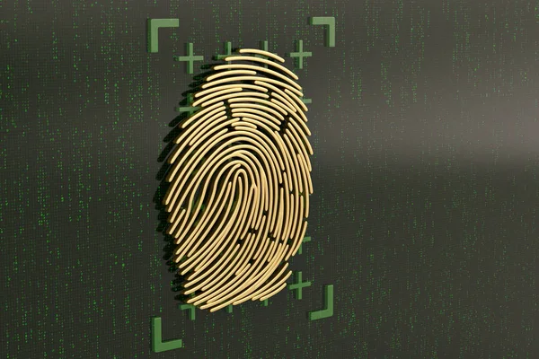 Altın parmak izi yeşil dijital ekranda. 3D çizim.