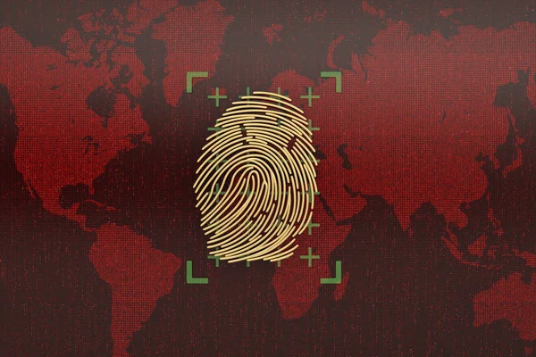 Golden fingerprint on red digital screen. 3D illustration.