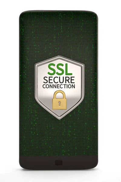 SSL Shield projeto seguro na tela do telefone inteligente. Ilustração 3D . — Fotografia de Stock