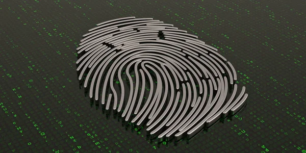 Steel fingerprint on green digital screen. 3D illustration.