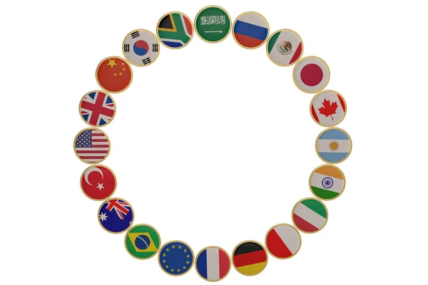 Bandeiras de países do G20 isoladas em fundo branco.Ilustração 3D — Fotografia de Stock