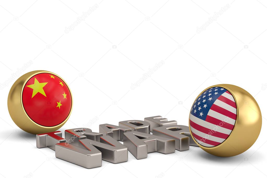 Word trade war with united states and chinese flag isolated on w