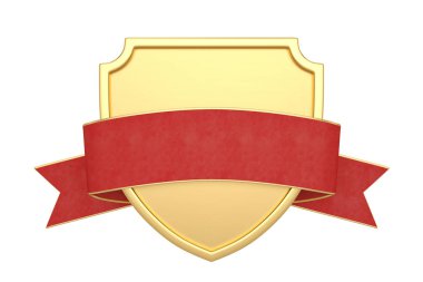 Beyaz arka planda izole edilmiş kurdeleli kalkan. 3d illüstrasyon