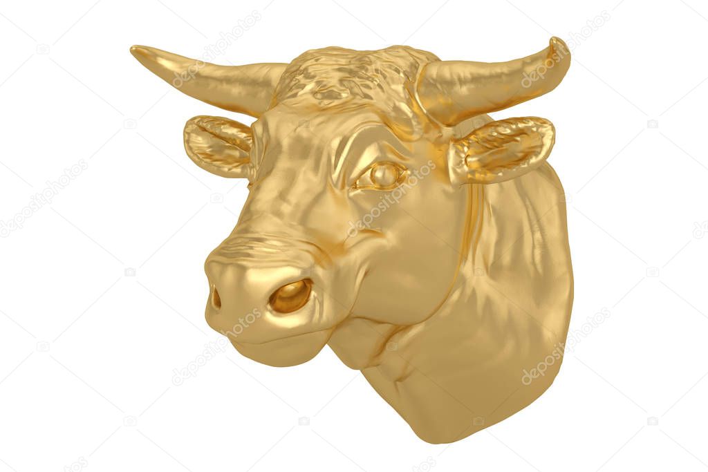 Bull head in gold Isolated on white background. 3d illustration