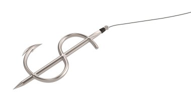 Beyaz arka planda dolar işareti oltası var. 3d illüstrati