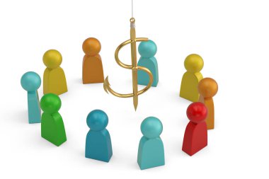 Soyut karakter ve dolar işareti oltası beyaz bada izole edilmiş.