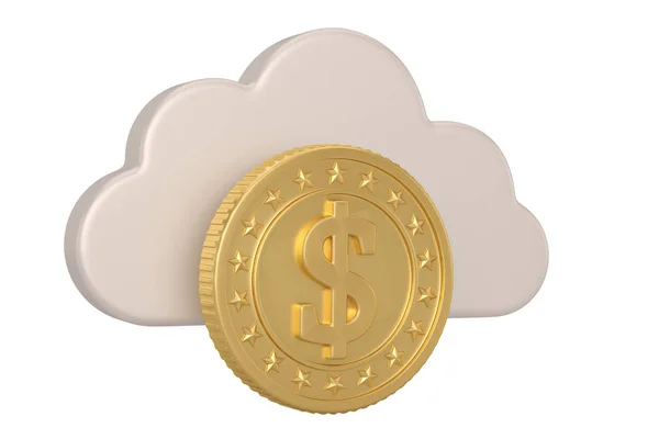 Золота монета і хмарний логотип ізольовані на білому тлі. 3D-захист — стокове фото
