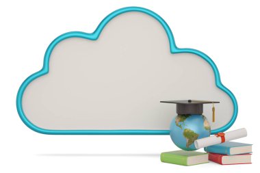 3d Bulut Bildirisi tahtası ve kitaplar beyaz arka arkaya izole edilmiş