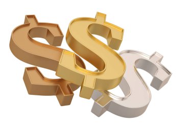 Beyaz arka planda izole edilmiş altın gümüşü bakır dolar işareti. 3d