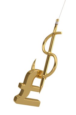 Beyaz arka Grou 'ya izole edilmiş para birimi sembollü dolar oltası.