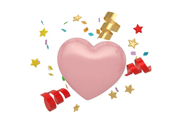 Heart shape 3d illustration with flying confetti for valentine`s — Φωτογραφία Αρχείου