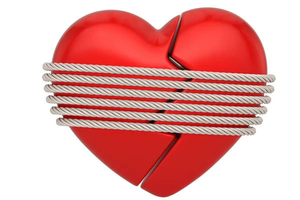 Corazón roto con cuerda Aislado en fondo blanco. Ilustración 3d — Foto de Stock