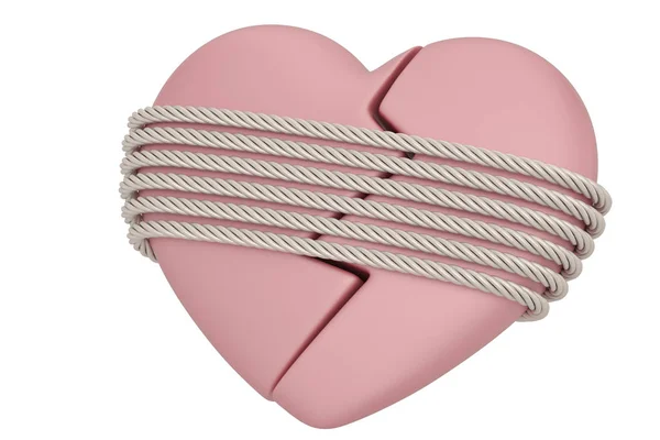 Broken heart with rope  Isolated in white background.  3d illust