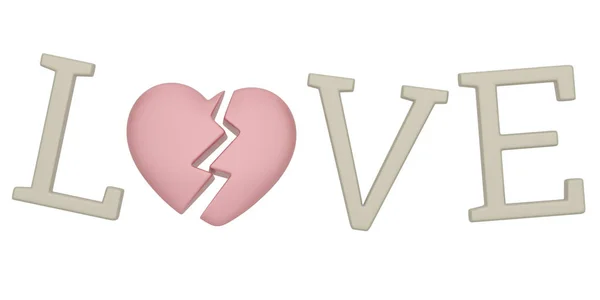 Love Broken Heart Word Aislado en fondo blanco. Ilustre 3d — Foto de Stock