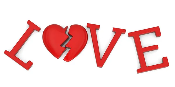 Слово "Любовь разбитое сердце" на белом фоне. 3d illustr — стоковое фото