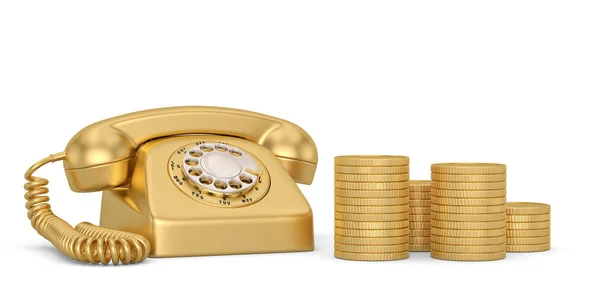 Ouro Vintage estilo Rotary Phone e moedas Isolado em bac branco — Fotografia de Stock