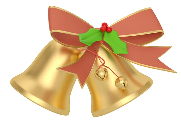 Jingle Kerst gouden klokken met een rood lint strik. 3d illustratie — Stockfoto