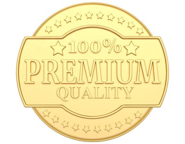 Lüks 100 kalite ürün rozeti beyaz sırt çantasında izole edildi.