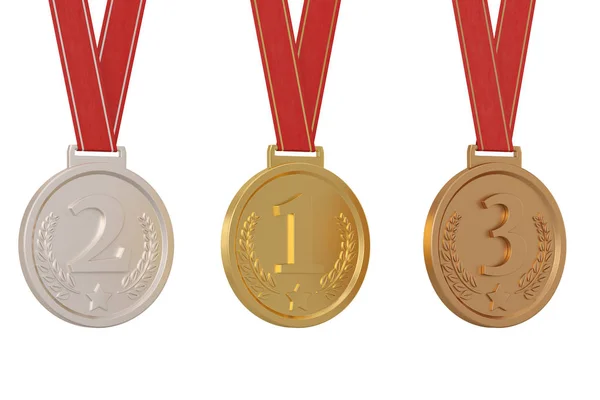 Gold, silver and bronze medals Isolated in white background.  3d — Stock Photo, Image