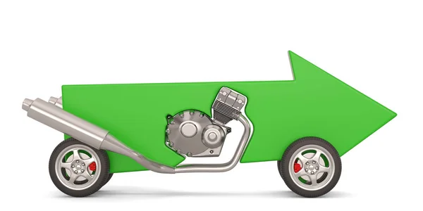 Financieel concept motor pijl op wielen. 3d illustratie. — Stockfoto