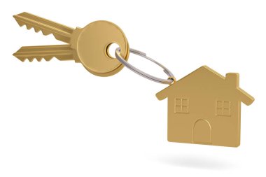 Beyaz arka plan 3D illüstrasyon izole altın ev anahtarı.