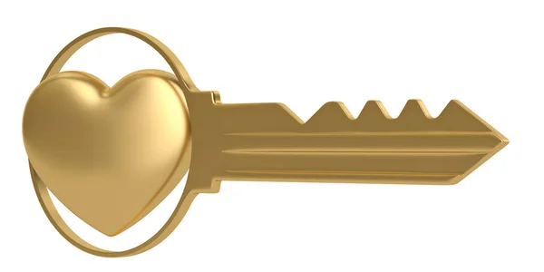 Gold Heart Key geïsoleerd op witte achtergrond 3d illustratie. — Stockfoto